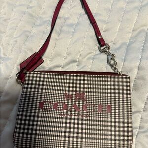 Coach Black and White Checkered Wristlet with Red Accents